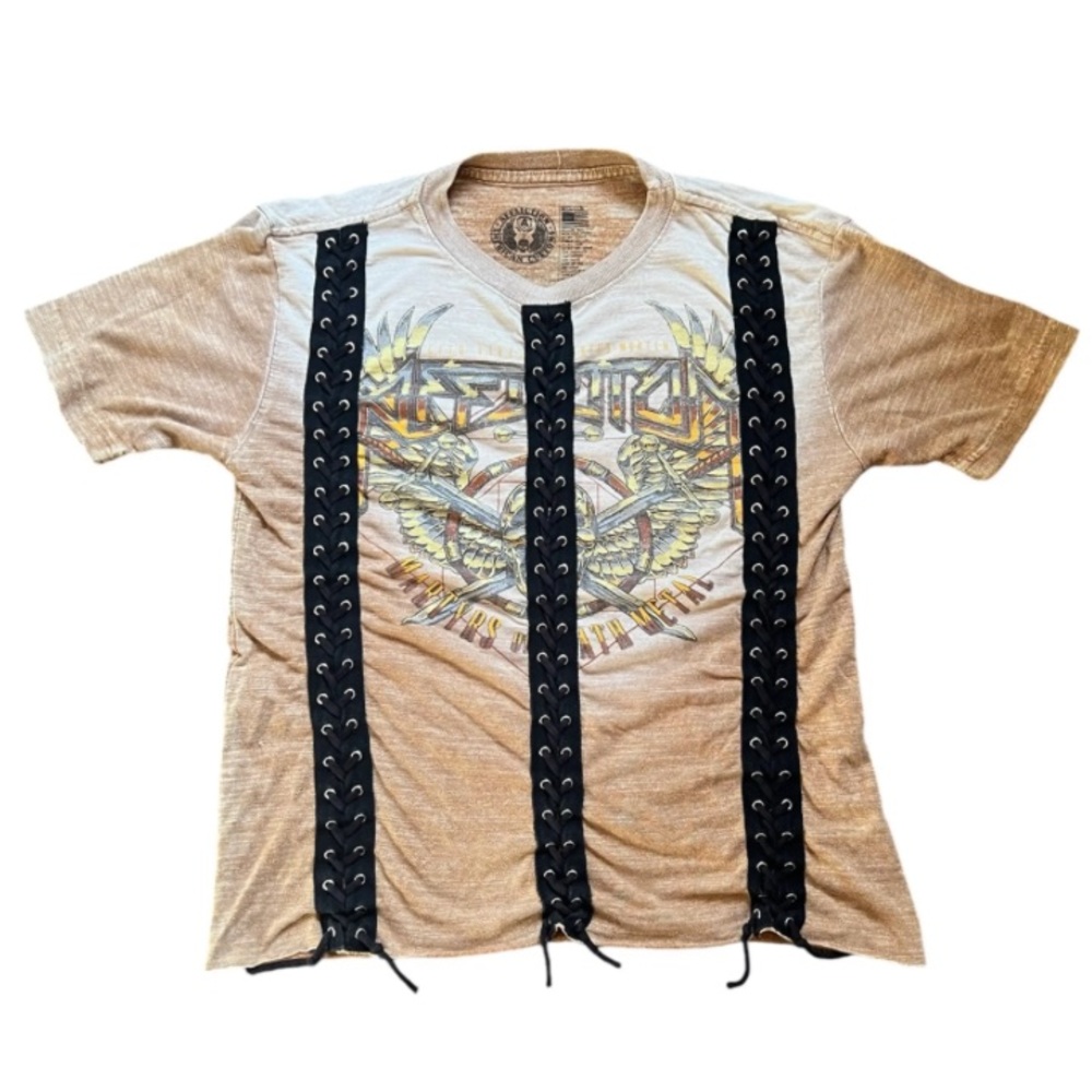 Affliction Tan and Black Graphic Tee with Lace-Up Design